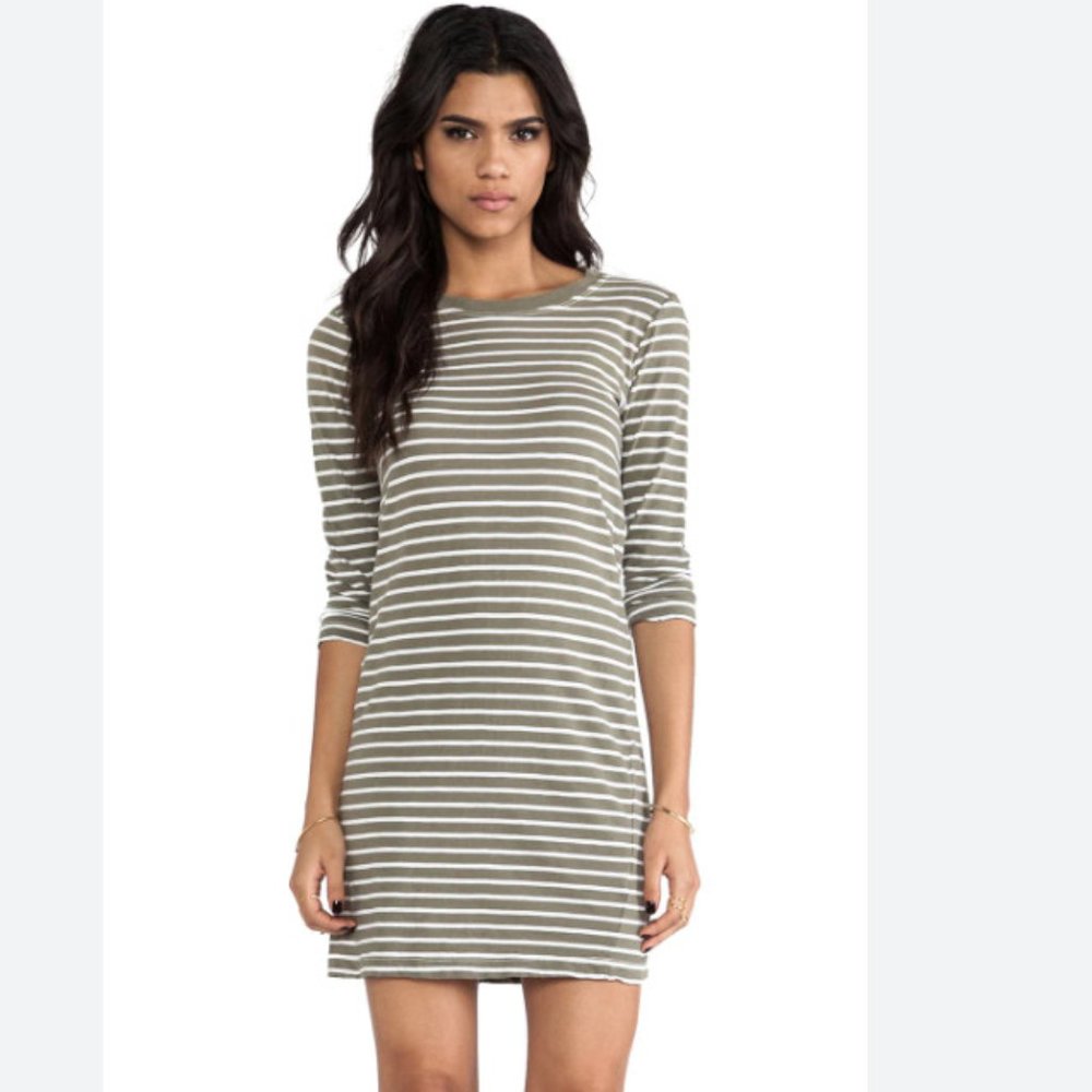 Current/Elliott The 3/4 Sleeve Tee Dress in Army Green Stripe - Size 3 - Picture 1 of 11